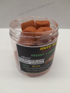 Pelety chytací v Powder Dipu - Halibut - Hmyz/Liver/Frankfurtská klobása - 20mm - 150g